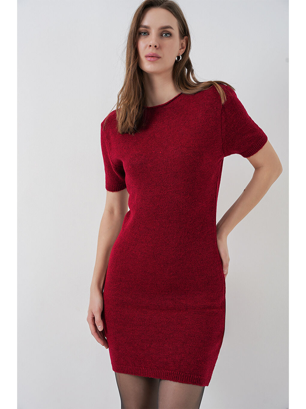 Kadın Kısa Kol Triko Elbise 15950 - Bordo