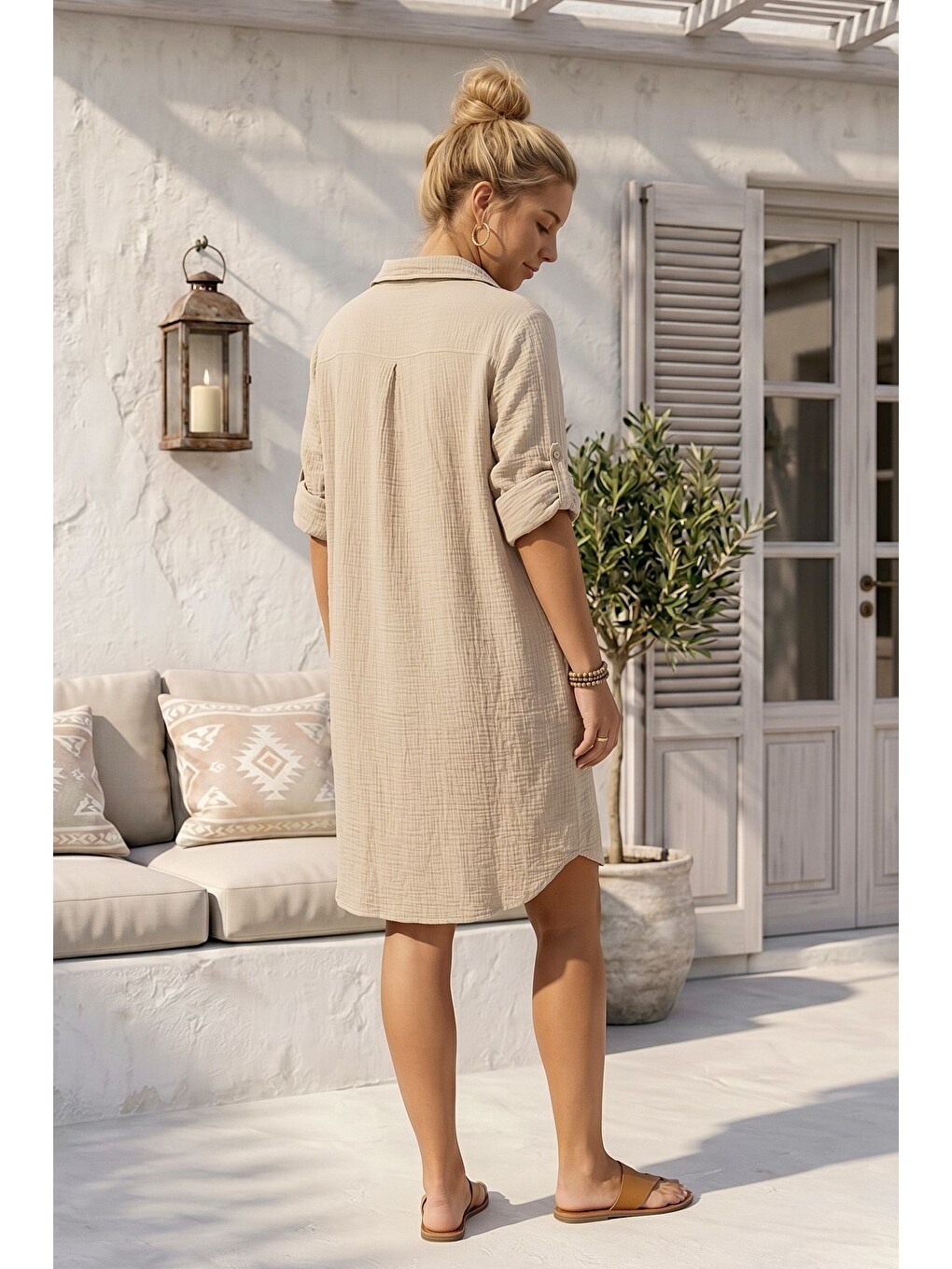Bej Gömlek Yaka 3/4 Kol Düğmeli Cepli Casual Müslin Oversize Dokuma Elbise 97 65-6