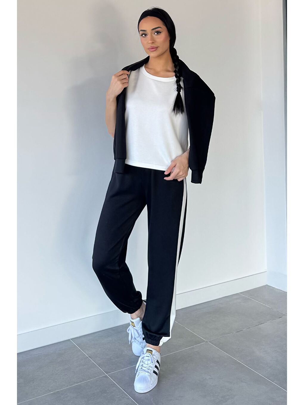 Siyah Kadın Elastanlı Atlet Sweat Üçlü Eşofman Takımı-4