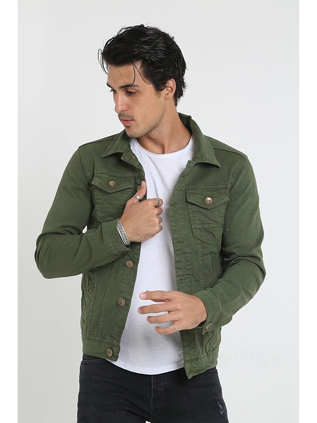 Haki Erkek A Kalite Slim Fit Denim Jean Ceket-3