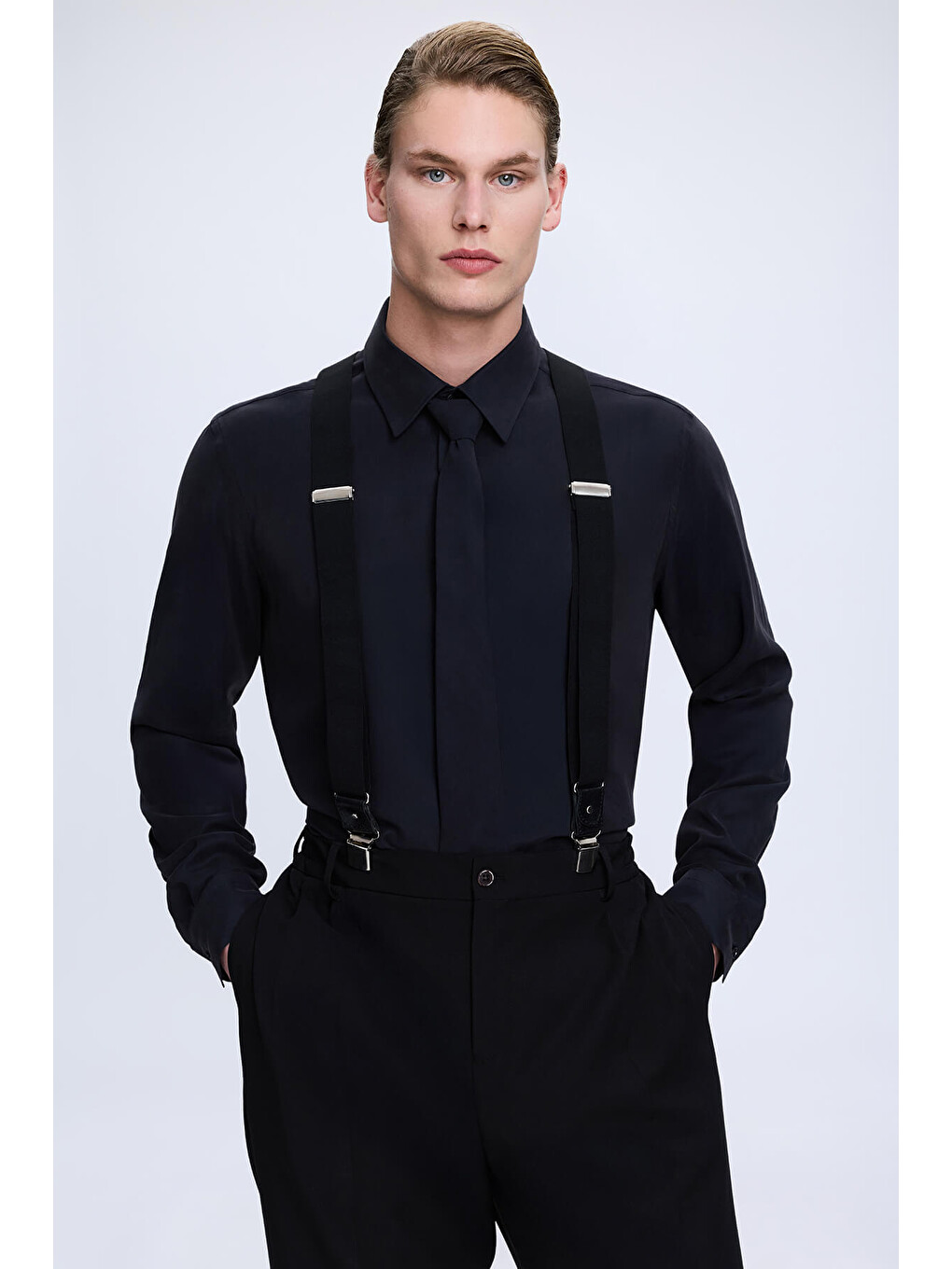 Siyah Slim Fit Slim Yaka Pamuklu Uzun Kollu Gömlek