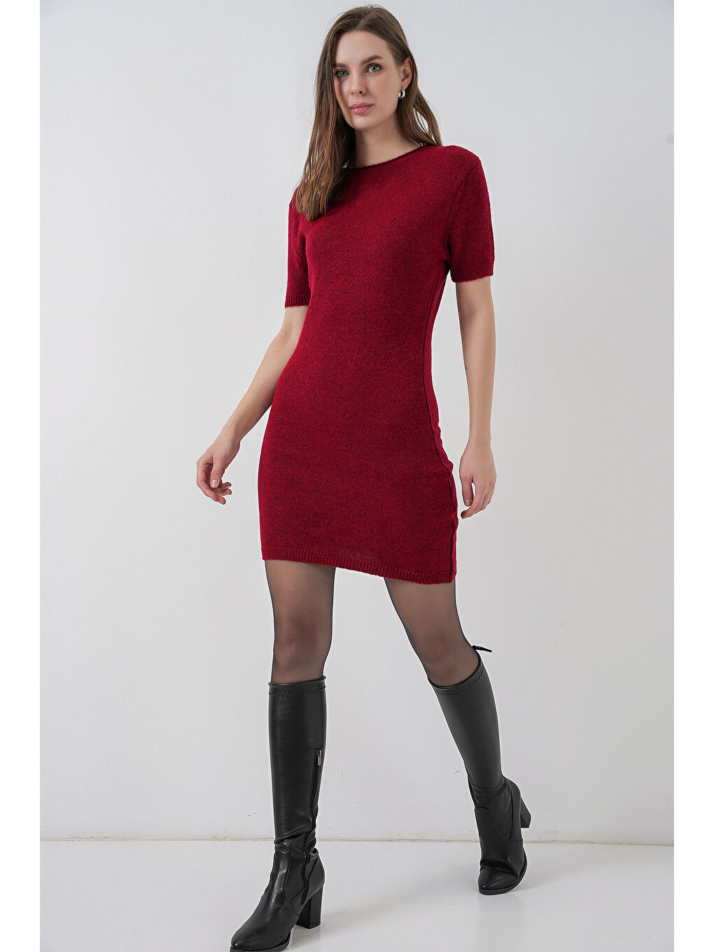 Kadın Kısa Kol Triko Elbise 15950 - Bordo-1