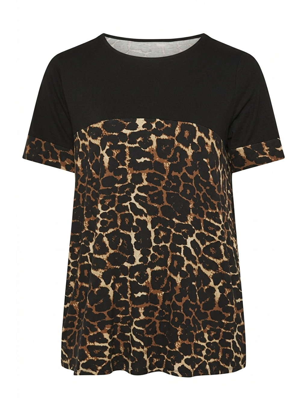 Kahverengi Bisiklet Yaka Kısa Kollu Leopar Desenli Esnek Kumaşlı T-shirt-4