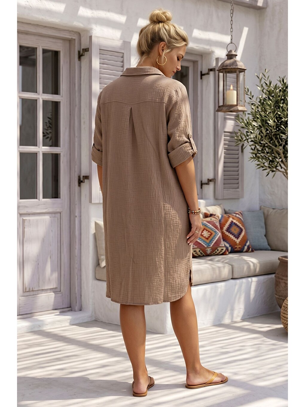 Kahverengi Camel Gömlek Yaka 3/4 Kol Düğmeli Cepli Casual Müslin Oversize Dokuma Elbise 97 65-5