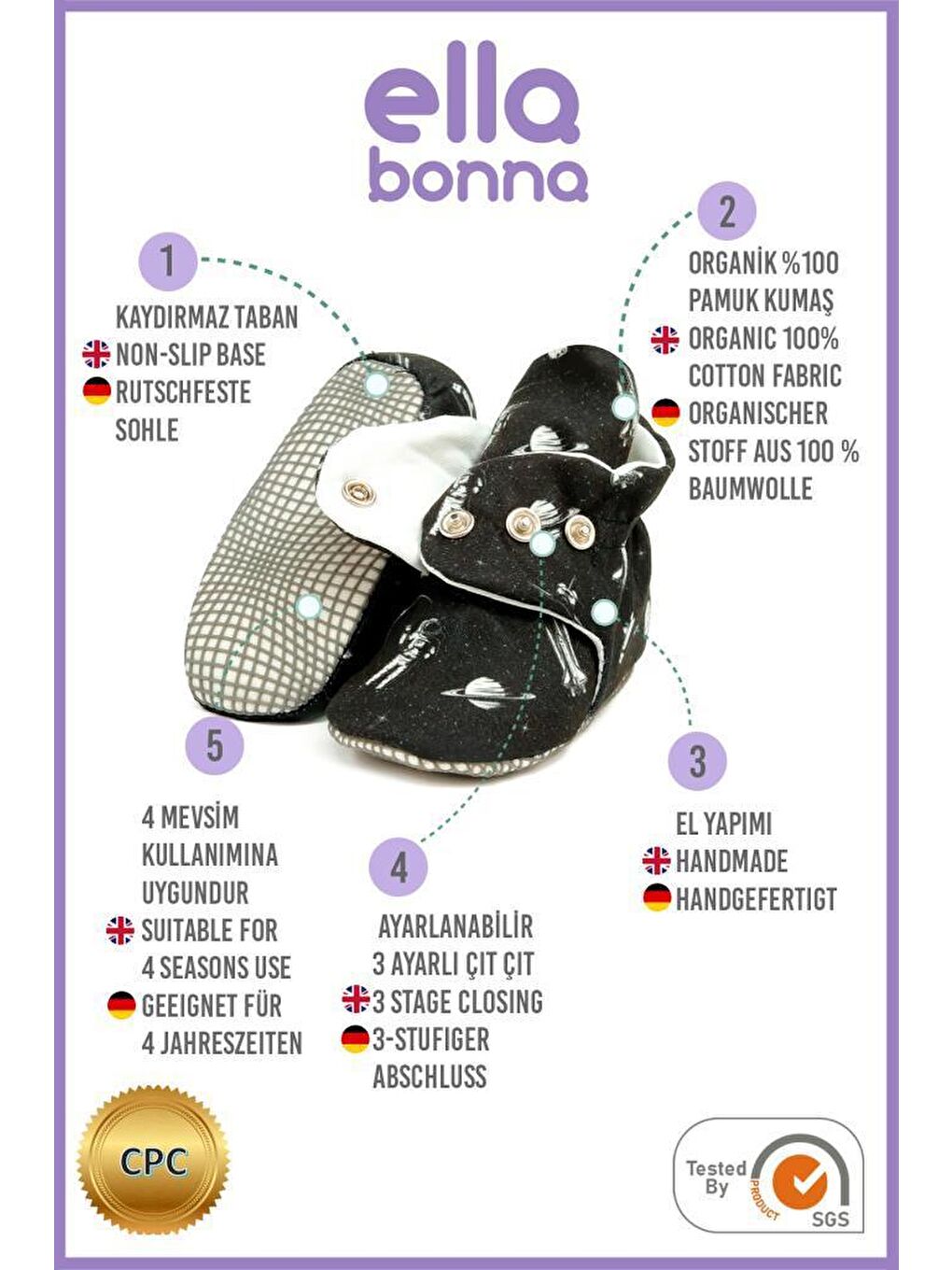 Siyah Organik Pamuk Bebek Patiği, Kaydırmaz Taban, Pamuklu Yenidoğan Pandufu Ev Kreş Ayakkabısı, Astronot-2