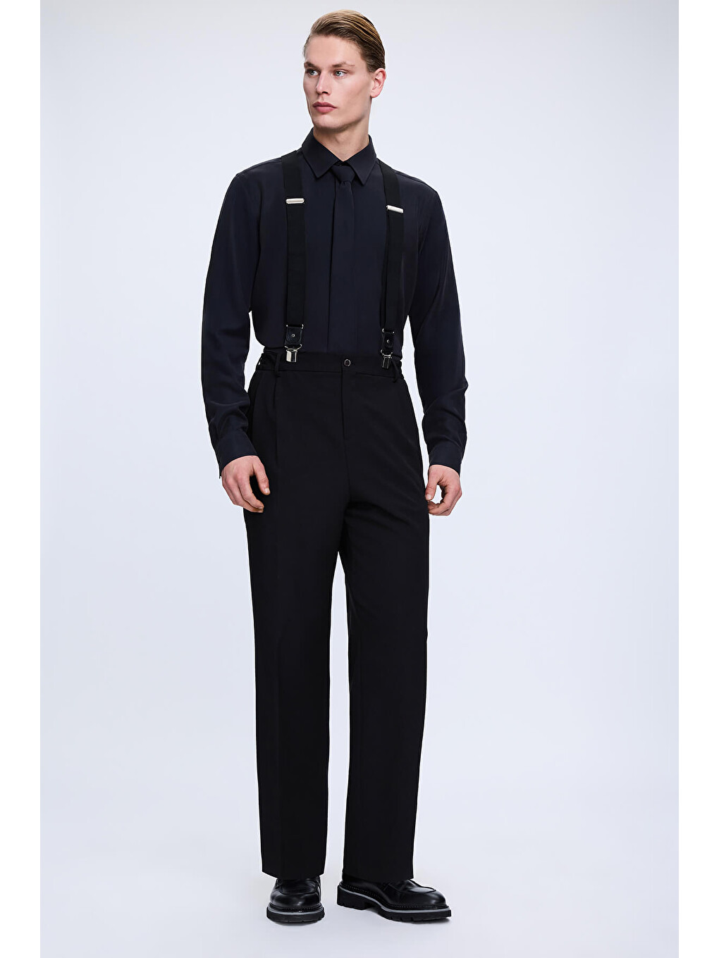 Siyah Slim Fit Slim Yaka Pamuklu Uzun Kollu Gömlek-1