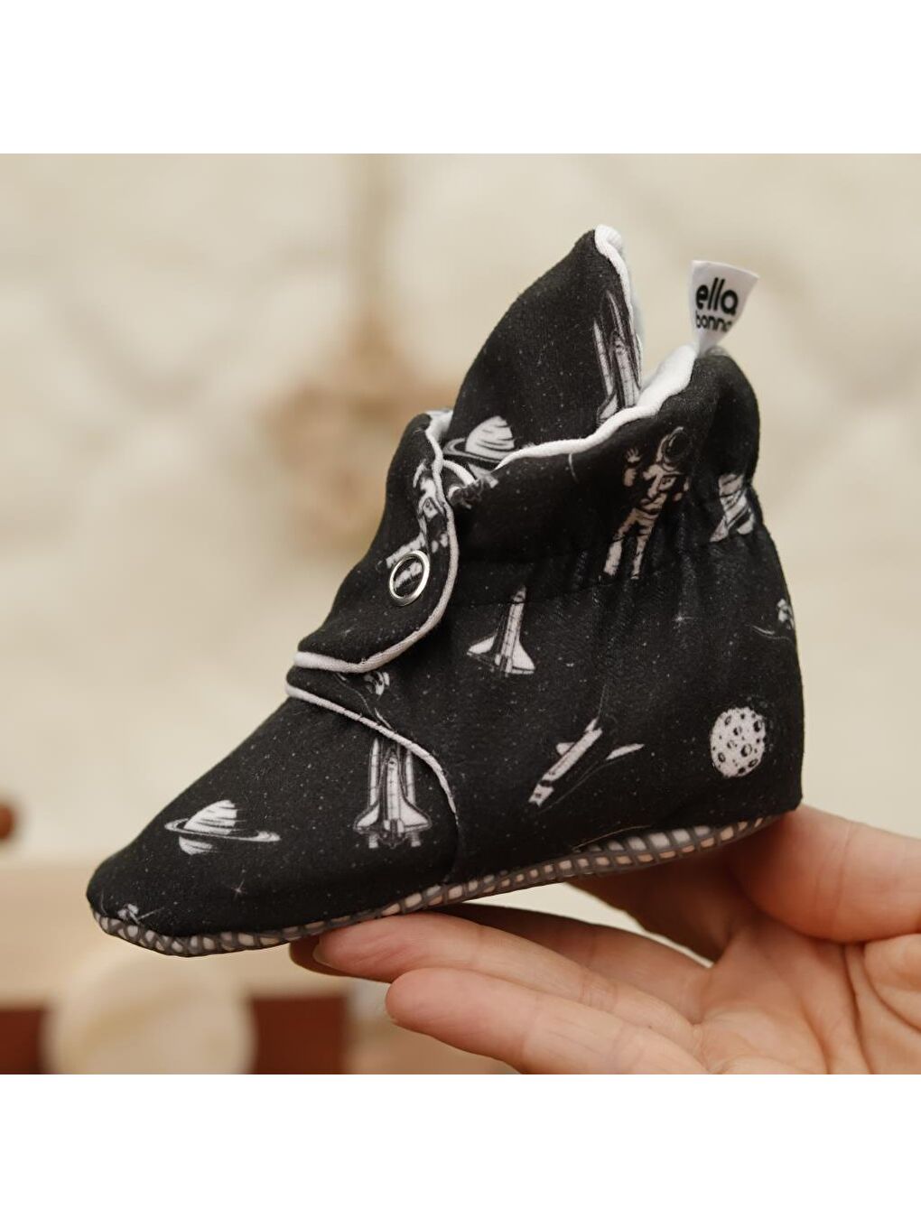 Siyah Organik Pamuk Bebek Patiği, Kaydırmaz Taban, Pamuklu Yenidoğan Pandufu Ev Kreş Ayakkabısı, Astronot-3