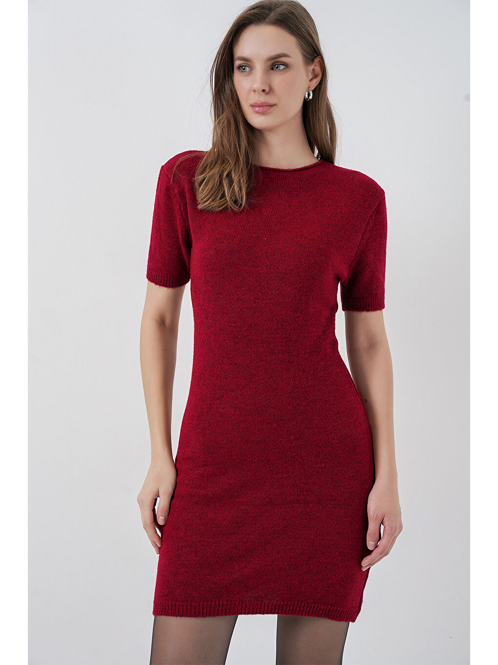 Kadın Kısa Kol Triko Elbise 15950 - Bordo-2