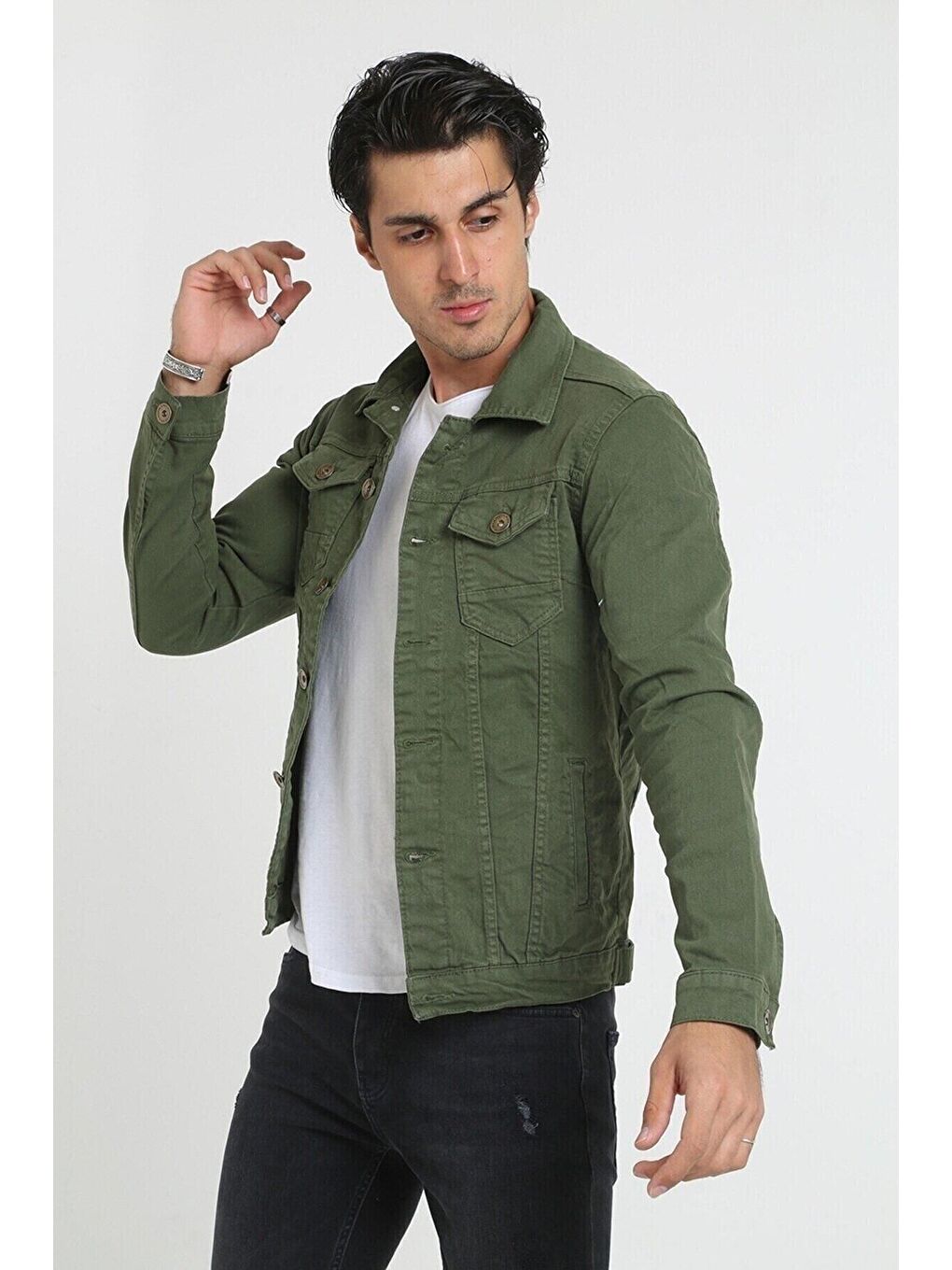 Haki Erkek A Kalite Slim Fit Denim Jean Ceket-4