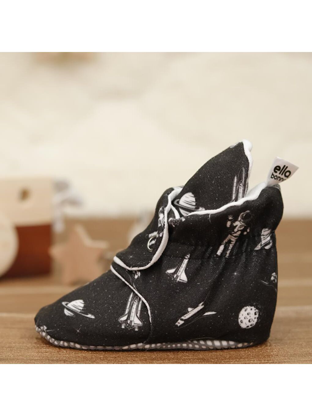 Siyah Organik Pamuk Bebek Patiği, Kaydırmaz Taban, Pamuklu Yenidoğan Pandufu Ev Kreş Ayakkabısı, Astronot-5