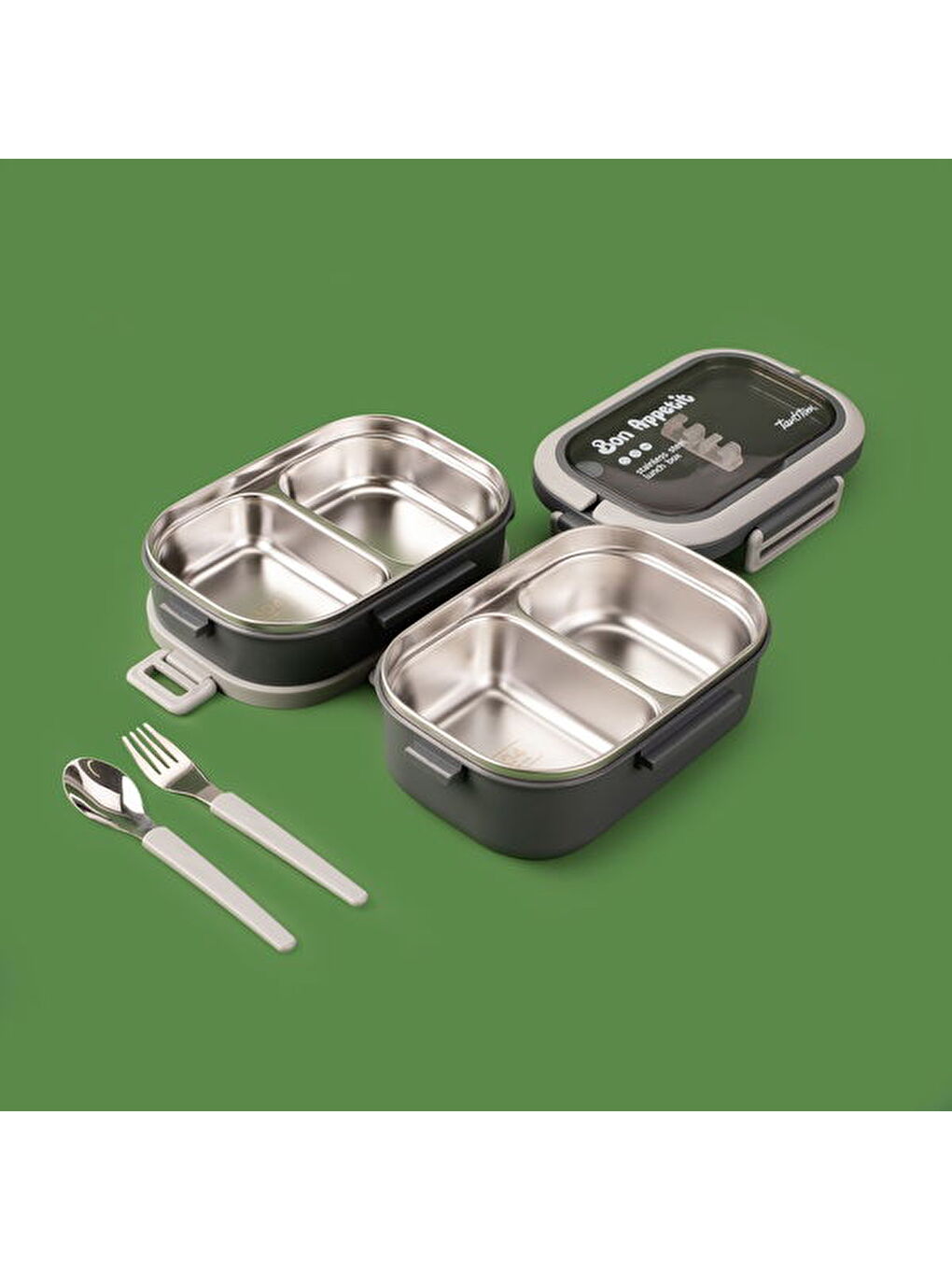 Tantioni Dikdörtgen Çatal ve Kaşıklı Yemek Taşıma Kabı - Gri - 850 ml