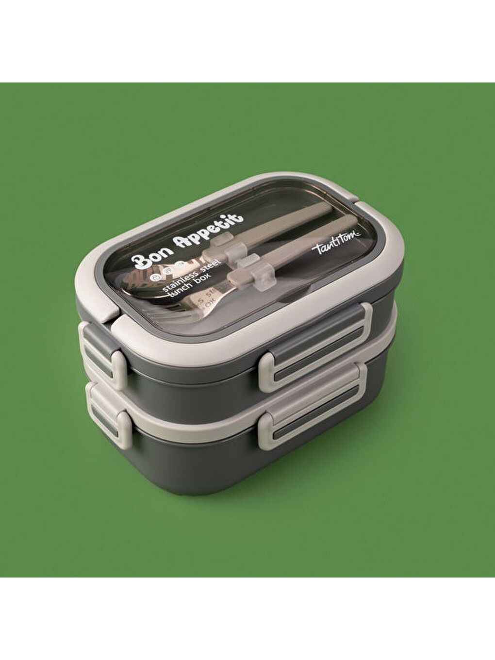 Tantioni Dikdörtgen Çatal ve Kaşıklı Yemek Taşıma Kabı - Gri - 850 ml-1