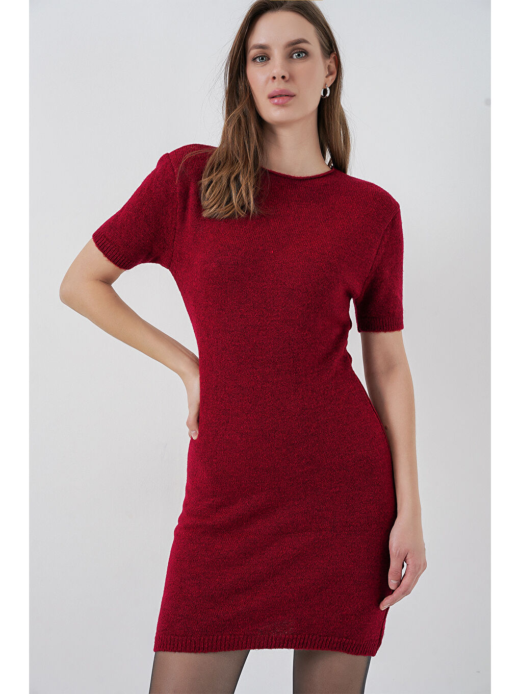 Kadın Kısa Kol Triko Elbise 15950 - Bordo-3