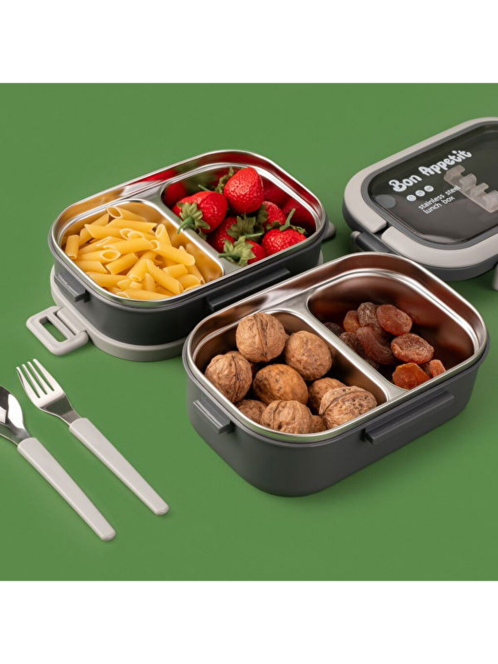 Tantioni Dikdörtgen Çatal ve Kaşıklı Yemek Taşıma Kabı - Gri - 850 ml-2