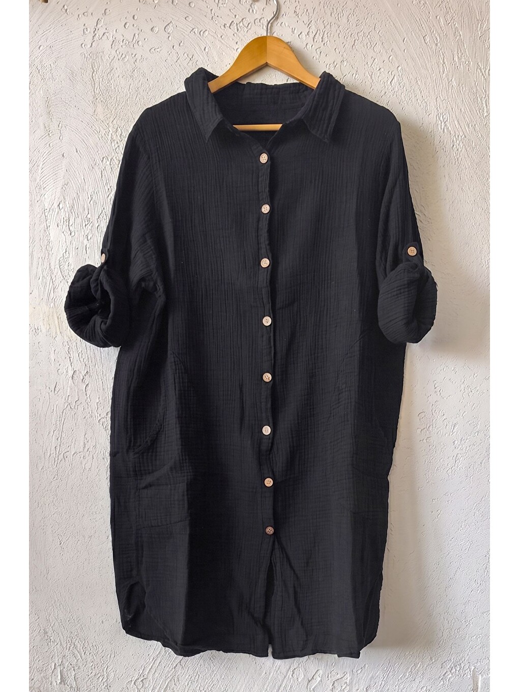 Siyah Gömlek Yaka 3/4 Kol Düğmeli Cepli Casual Müslin Oversize Dokuma Elbise 97 65-1