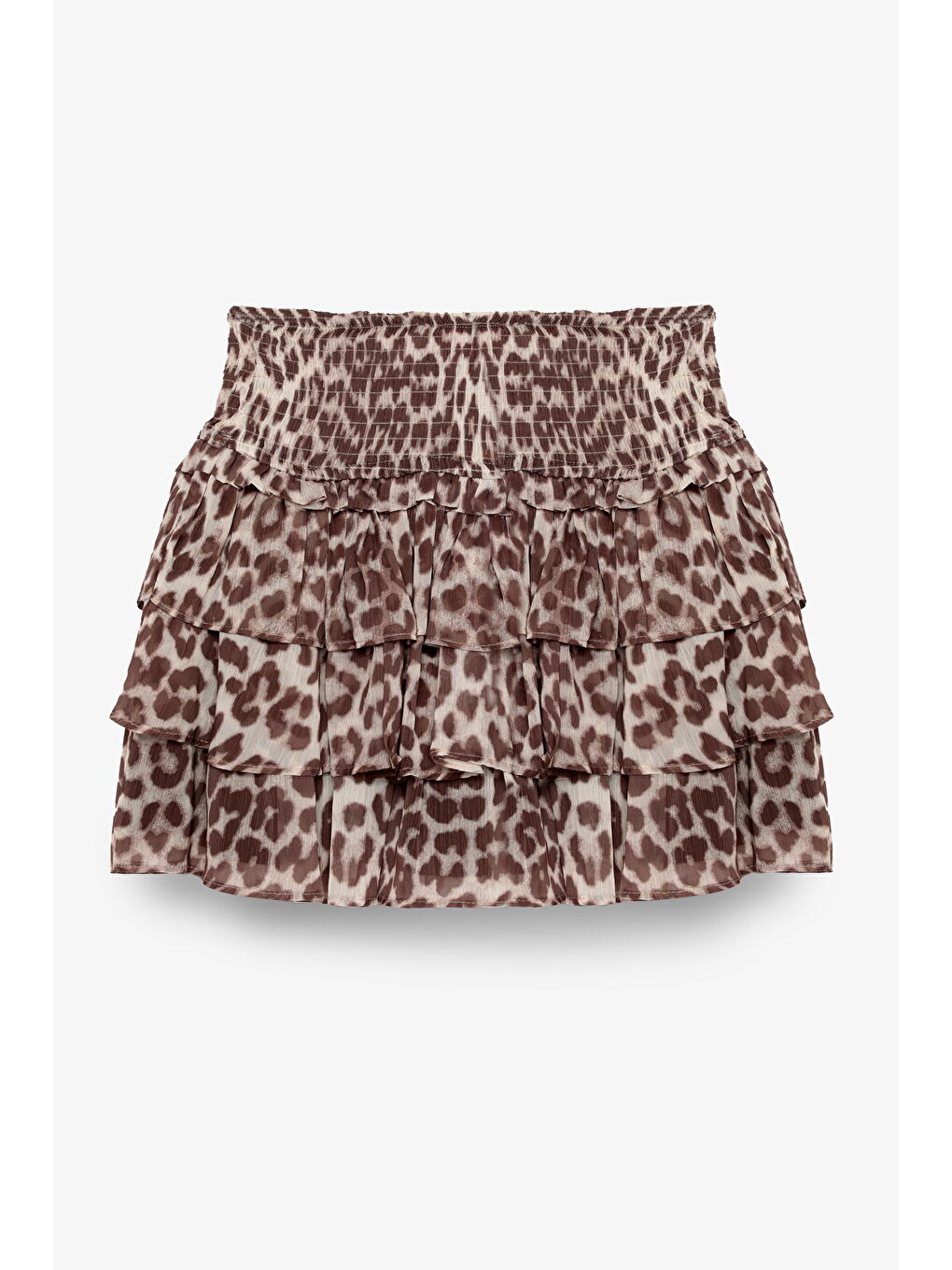 Fırfır Katlı Leopar Desenli Mini Etek Bej-1