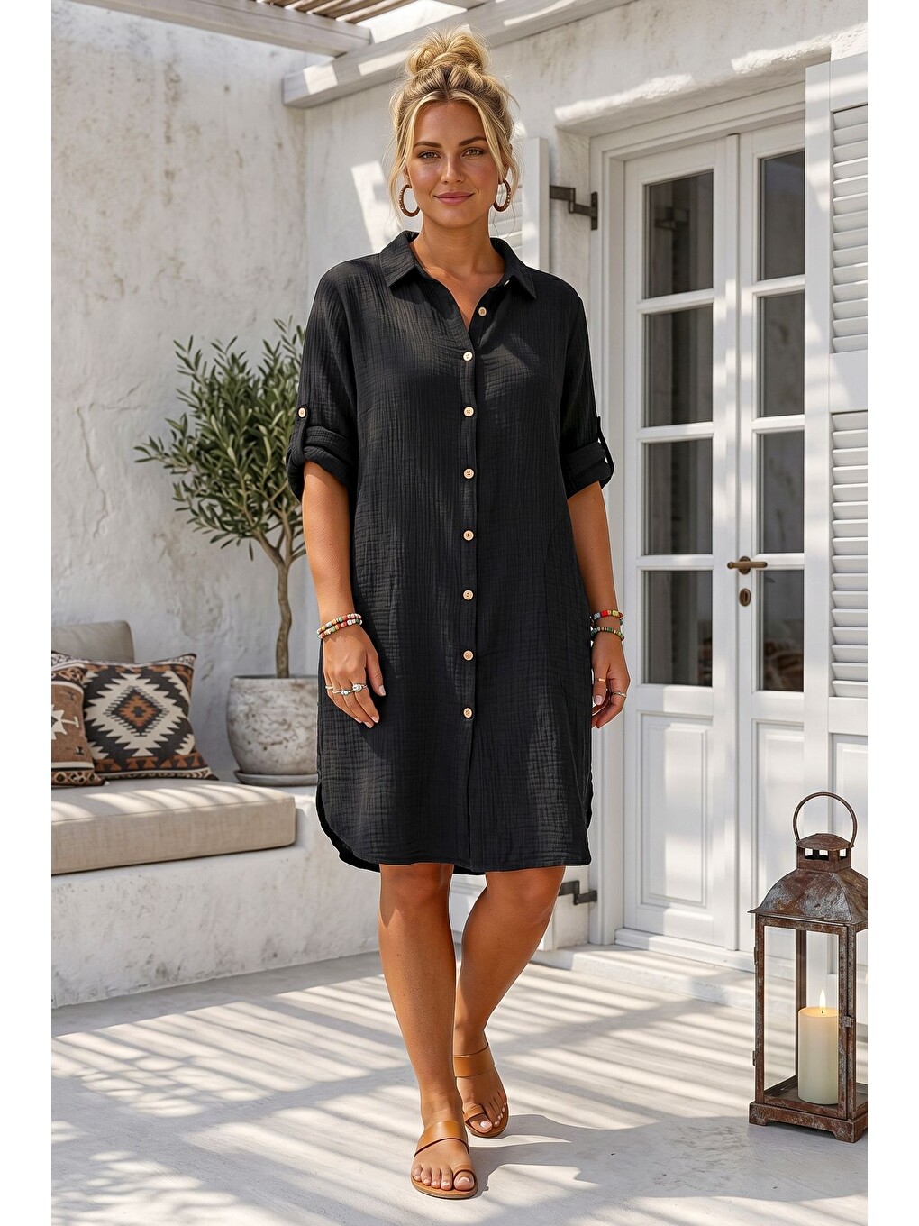 Siyah Gömlek Yaka 3/4 Kol Düğmeli Cepli Casual Müslin Oversize Dokuma Elbise 97 65-2