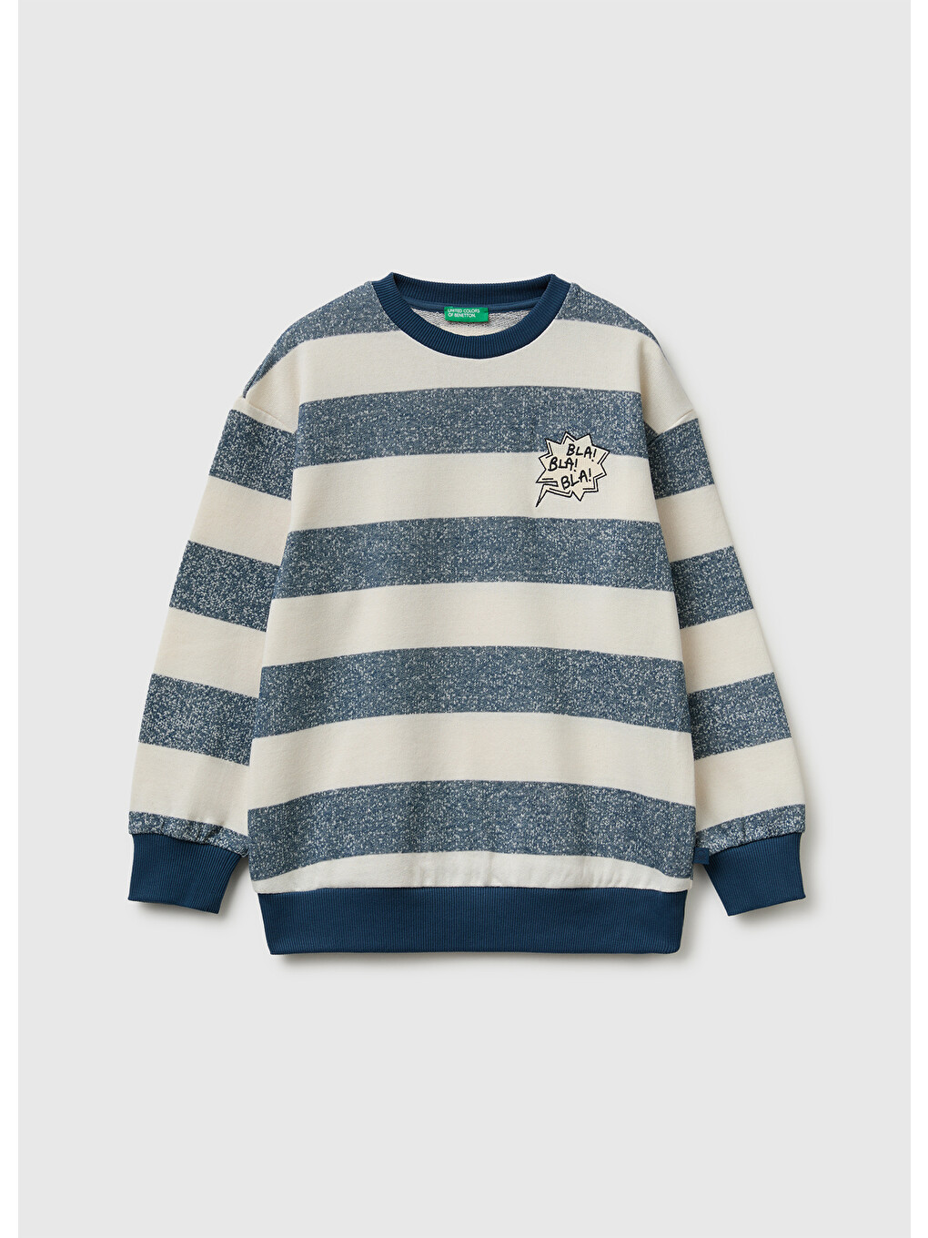Erkek Çocuk Mavi Beyaz İşlemeli Oversize Çizgili Bisiklet Yaka Sweatshirt