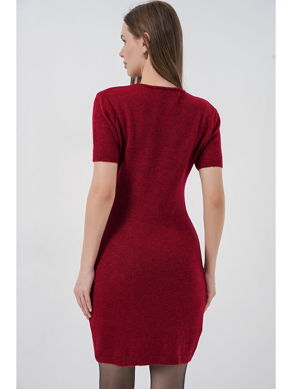 Kadın Kısa Kol Triko Elbise 15950 - Bordo-5