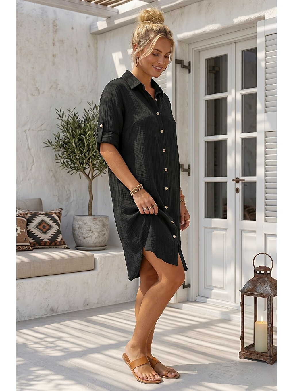 Siyah Gömlek Yaka 3/4 Kol Düğmeli Cepli Casual Müslin Oversize Dokuma Elbise 97 65-4