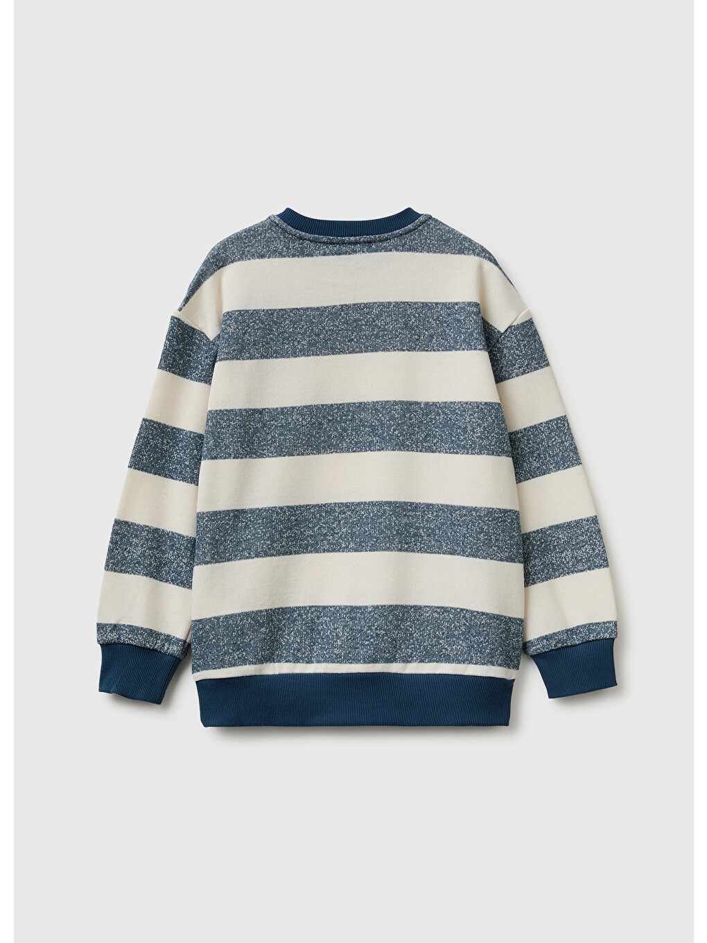 Erkek Çocuk Mavi Beyaz İşlemeli Oversize Çizgili Bisiklet Yaka Sweatshirt-1