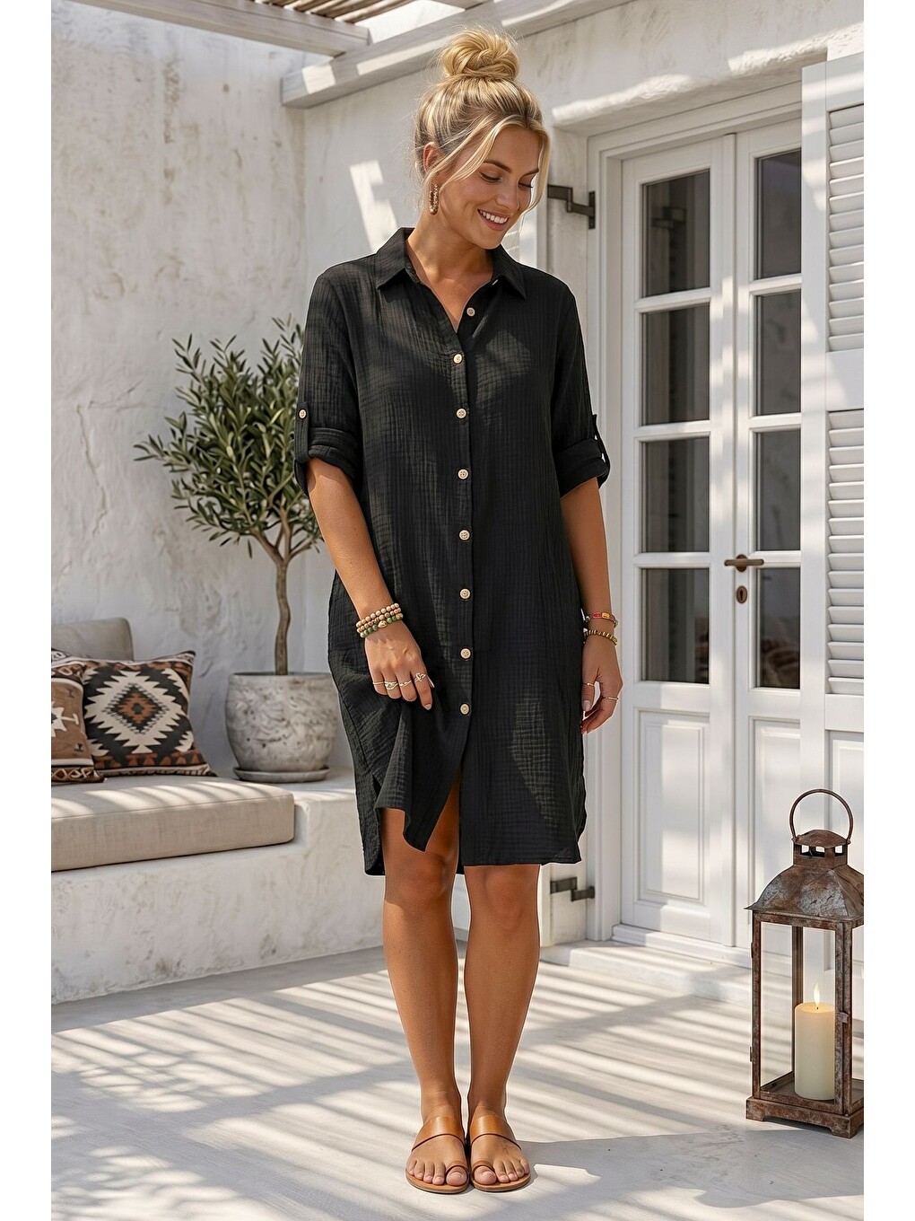 Siyah Gömlek Yaka 3/4 Kol Düğmeli Cepli Casual Müslin Oversize Dokuma Elbise 97 65-5