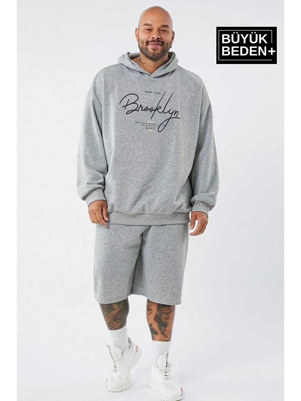 Gri El Yazılı Brooklyn Baskılı  İnce Kapüşonlu Erkek Büyük Beden Hoodie SPR25BSW58