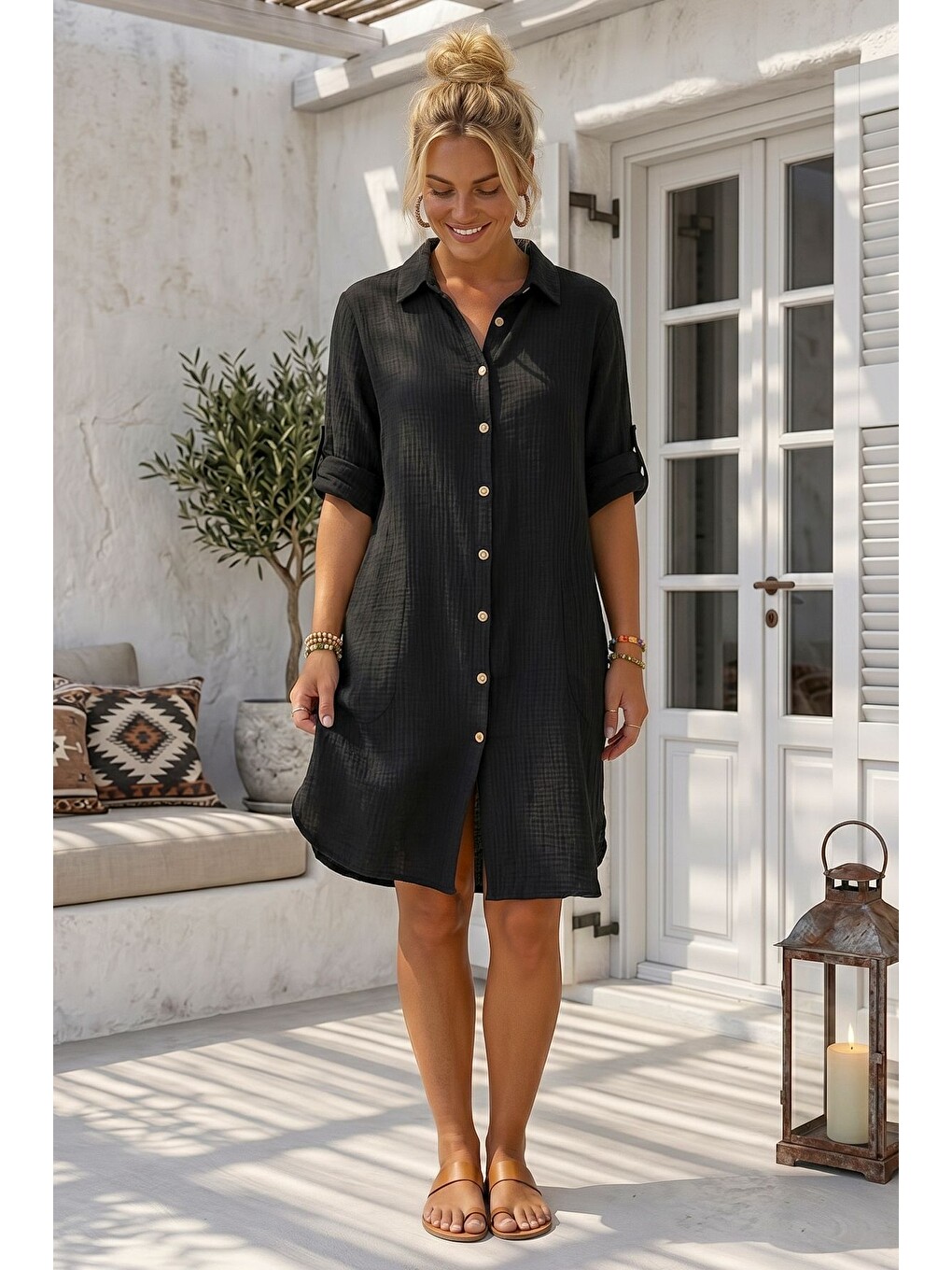 Siyah Gömlek Yaka 3/4 Kol Düğmeli Cepli Casual Müslin Oversize Dokuma Elbise 97 65-6