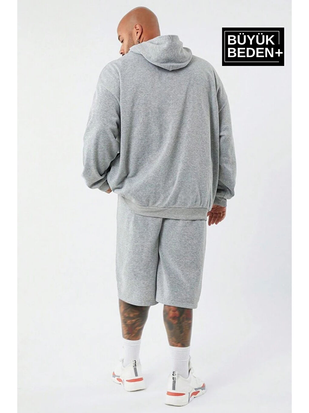 Gri El Yazılı Brooklyn Baskılı  İnce Kapüşonlu Erkek Büyük Beden Hoodie SPR25BSW58-1