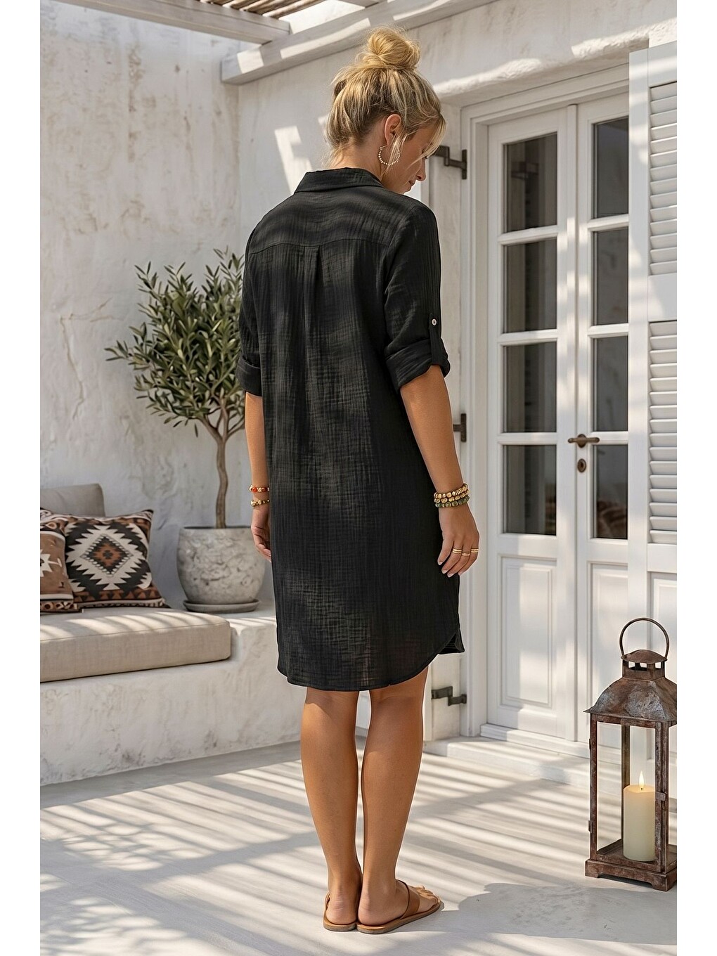Siyah Gömlek Yaka 3/4 Kol Düğmeli Cepli Casual Müslin Oversize Dokuma Elbise 97 65-7