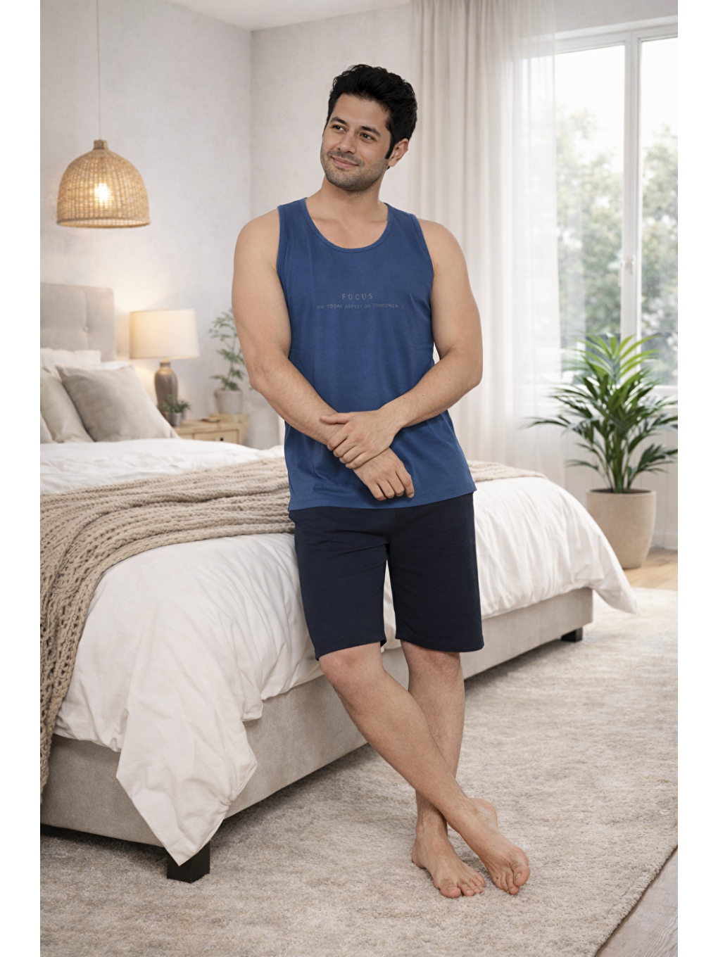 İndigo PREMIUM Erkek Viskon Yüksek Kalite Düğmeli Sıfır Yaka Cepli Battal Pijama Takımı-3