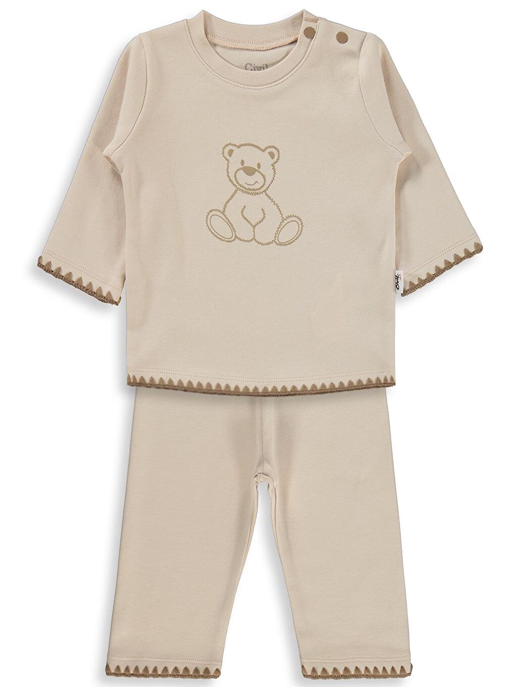 Bej Baby Oturan Tatlı Ayı Baskılı 3-18 Ay Takım - Fil Dişi