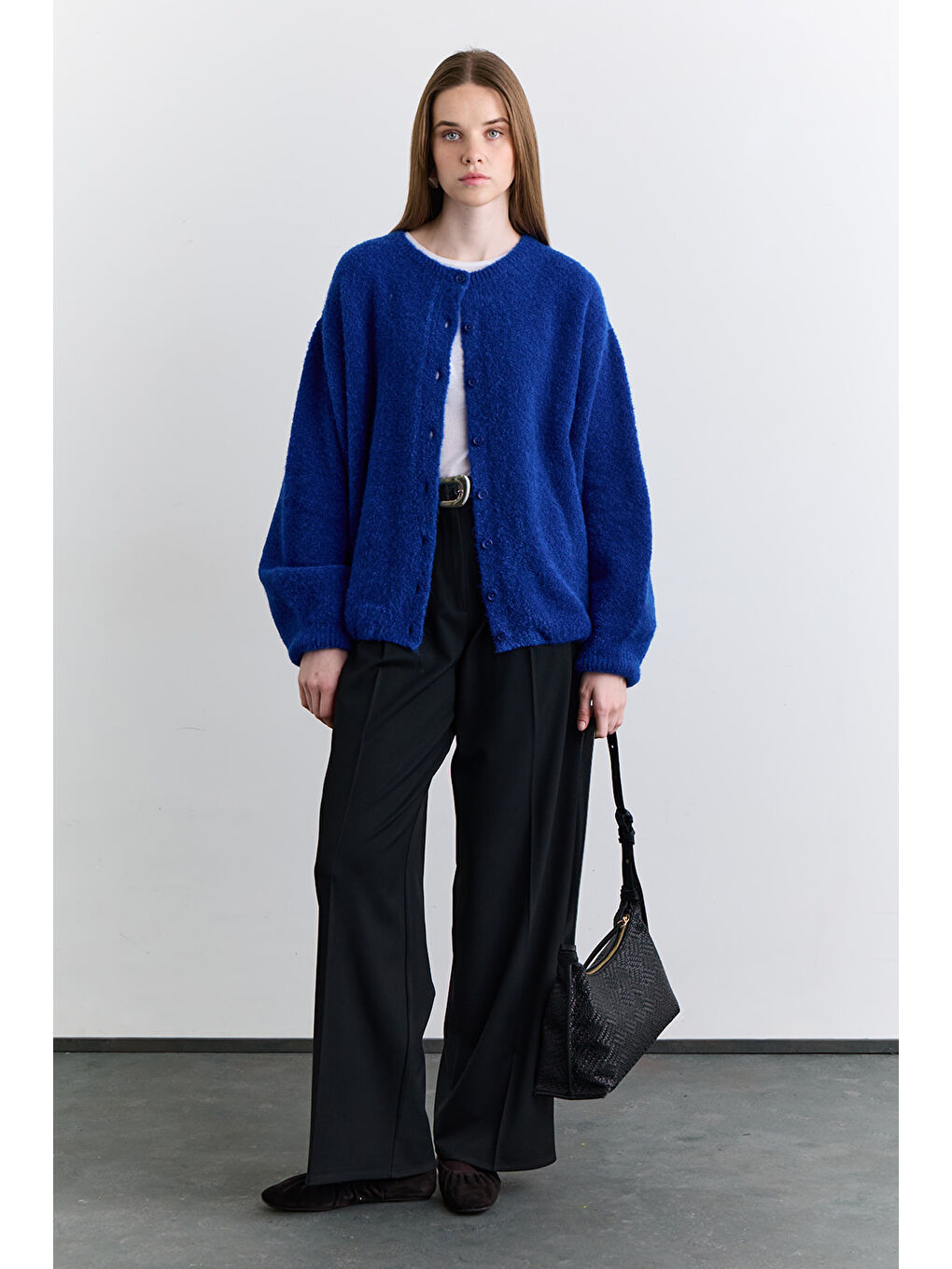 Soft Dokulu Düğmeli Hırka Mavi