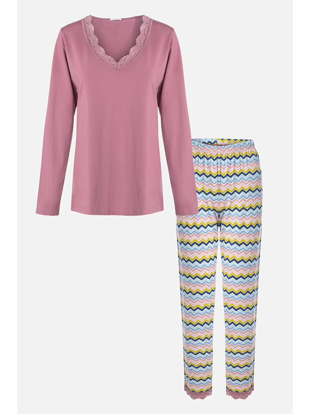 Kırmızı Kadın V Yaka Ve Paça Dantel Detaylı Uzun Kollu Pijama Takımı
