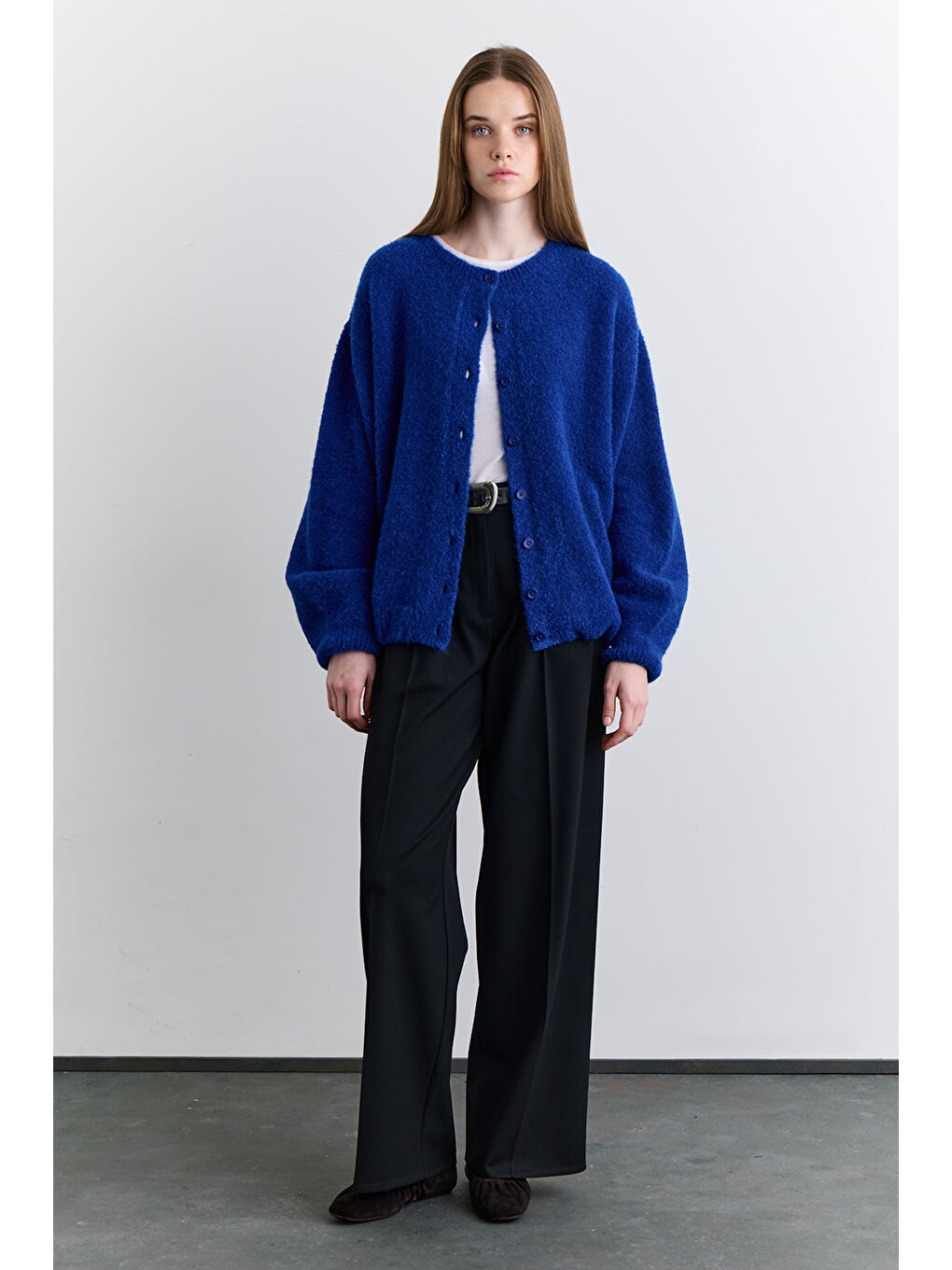 Soft Dokulu Düğmeli Hırka Mavi-1