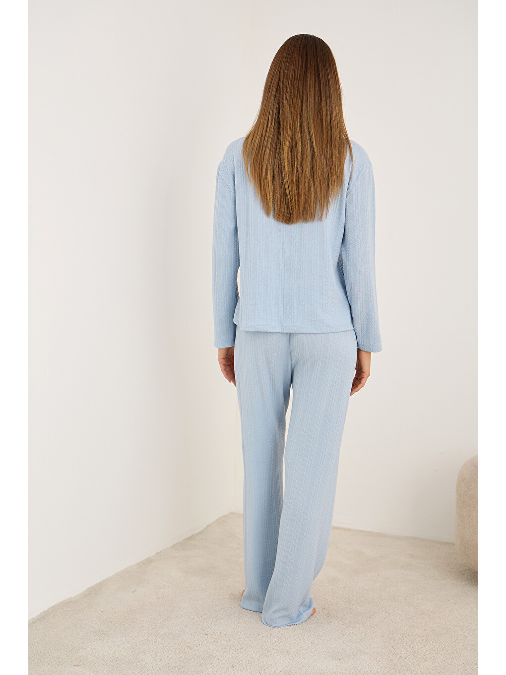 Mavi Kalp Nakışlı Fitilli Yumuşak Tuşe Örme Pijama Takım-1