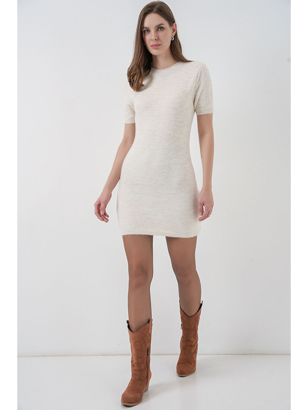 Ekru Kadın Kısa Kol Triko Elbise 15950 - Krem-1