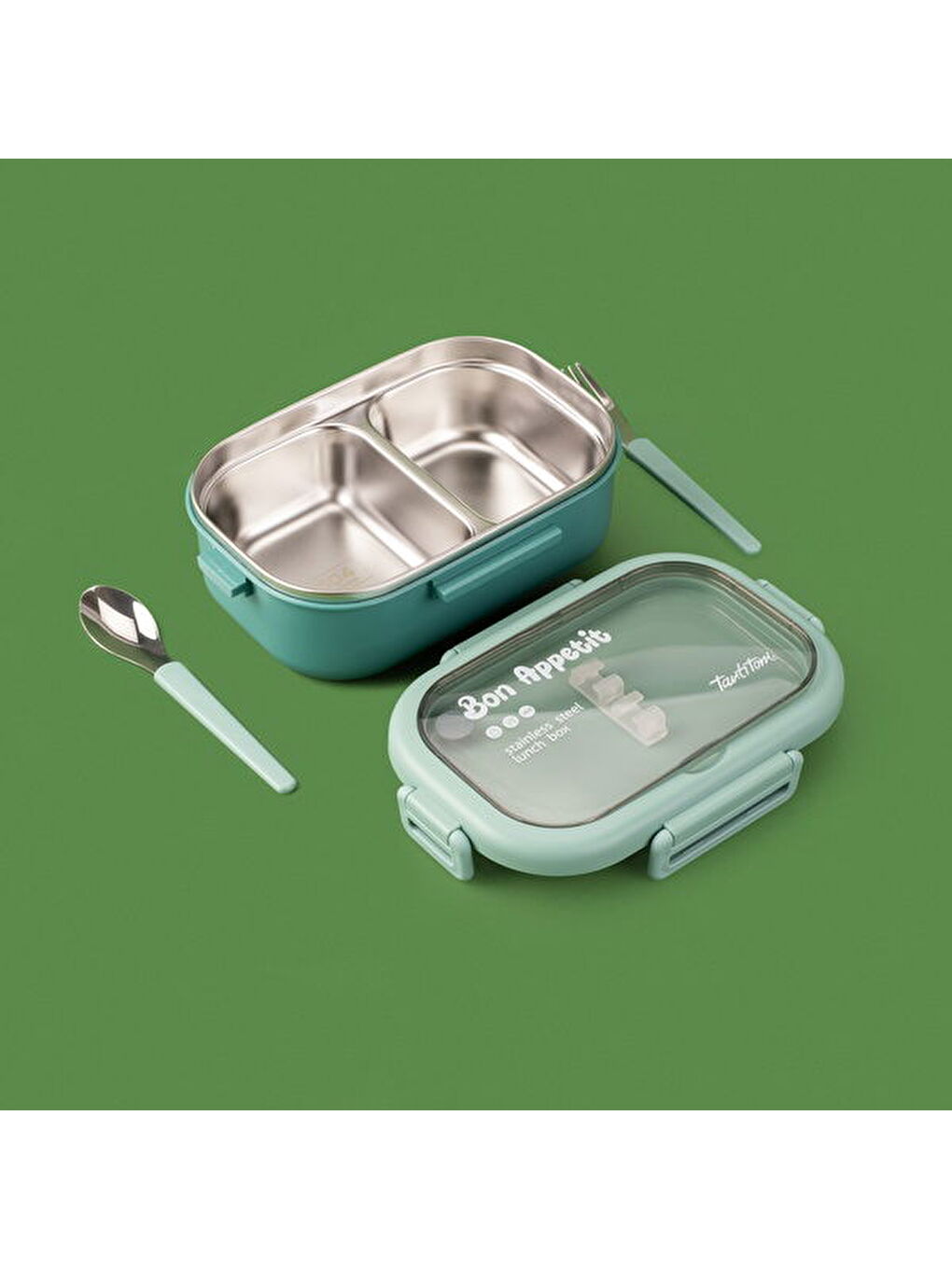 Tantioni Dikdörtgen Çatal ve Kaşıklı Yemek Taşıma Kabı - Yeşil - 850 ml