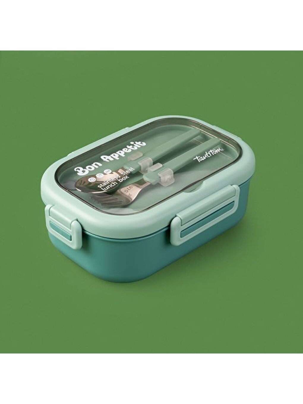 Tantioni Dikdörtgen Çatal ve Kaşıklı Yemek Taşıma Kabı - Yeşil - 850 ml-1