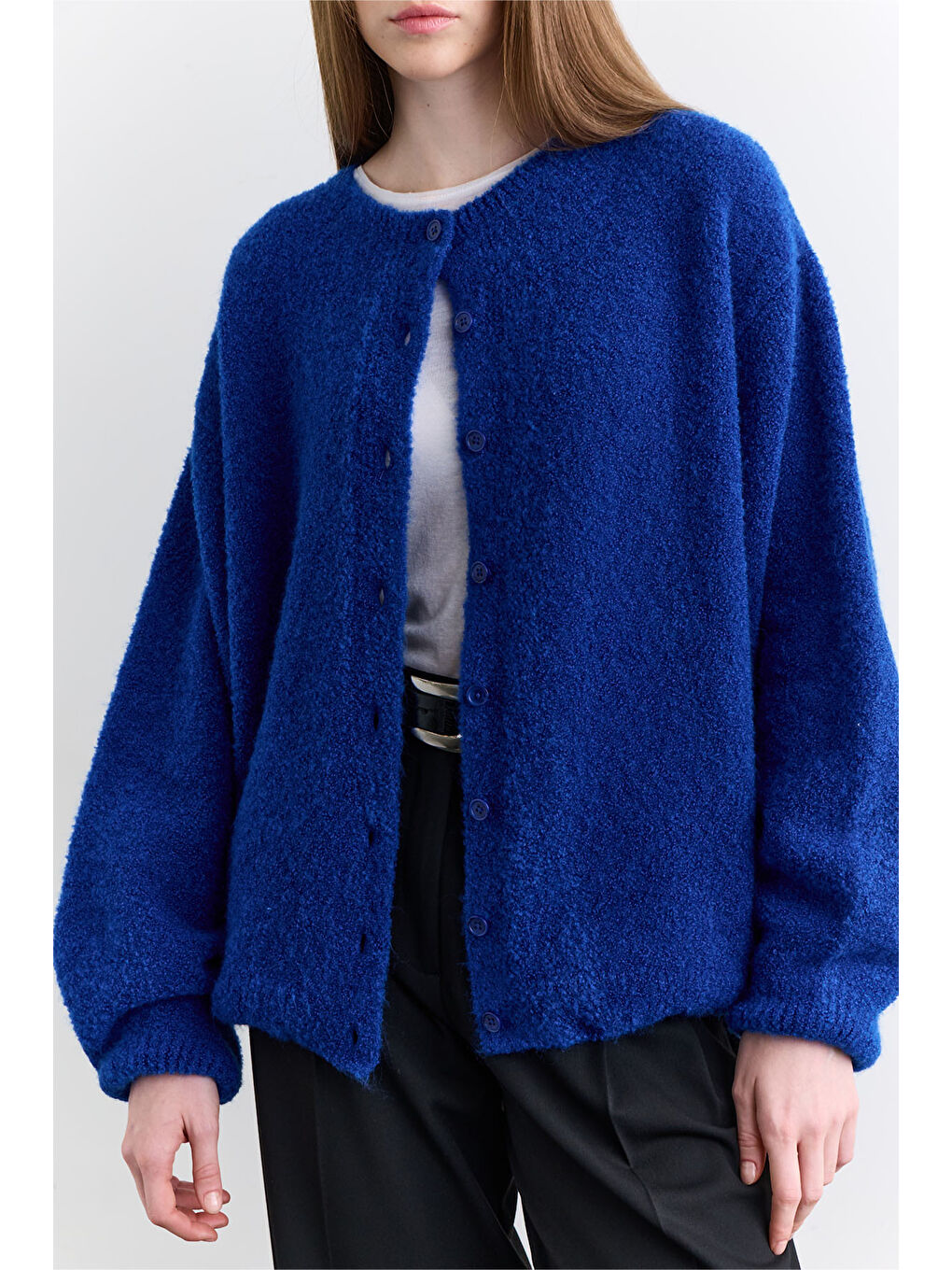 Soft Dokulu Düğmeli Hırka Mavi-4