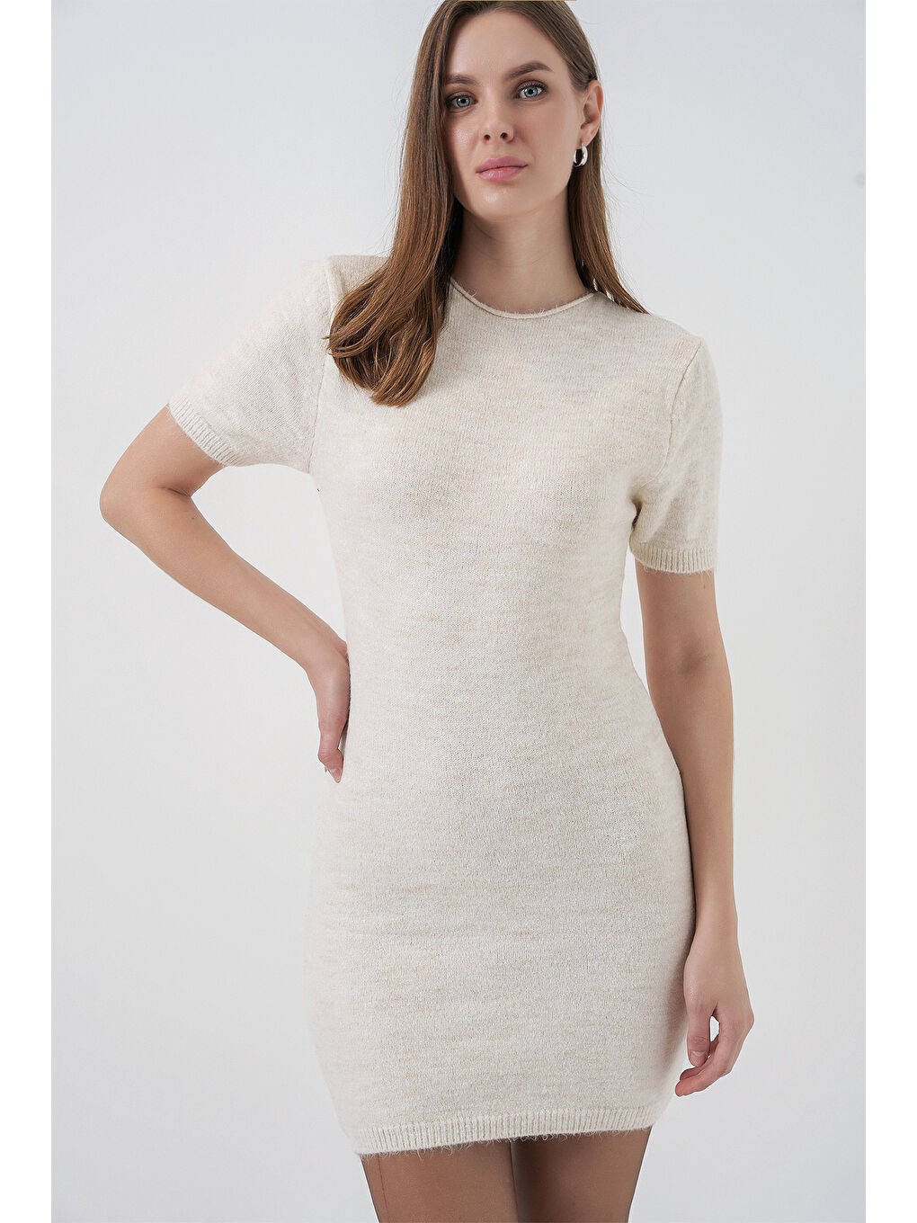 Ekru Kadın Kısa Kol Triko Elbise 15950 - Krem-2