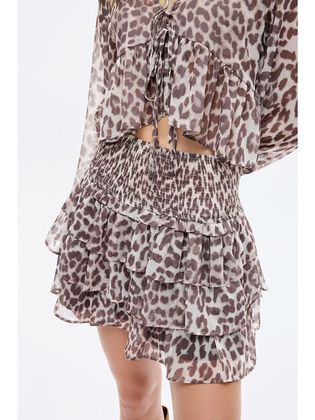 Fırfır Katlı Leopar Desenli Mini Etek Bej-2
