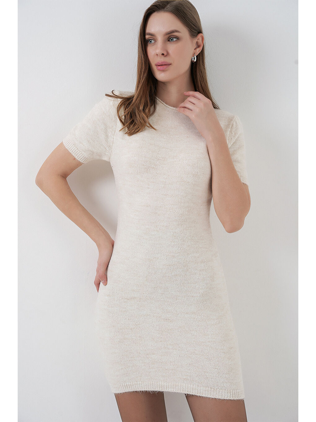 Ekru Kadın Kısa Kol Triko Elbise 15950 - Krem-3