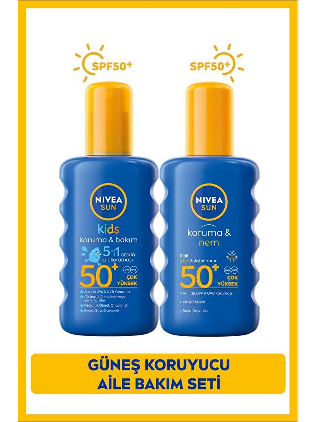 SUN SPF50 Yüksek Güneş Koruyucu Vücut Sprey 200ml ve Çocuklar İçin Hassas Güneş Koruyucu Sprey 200ml
