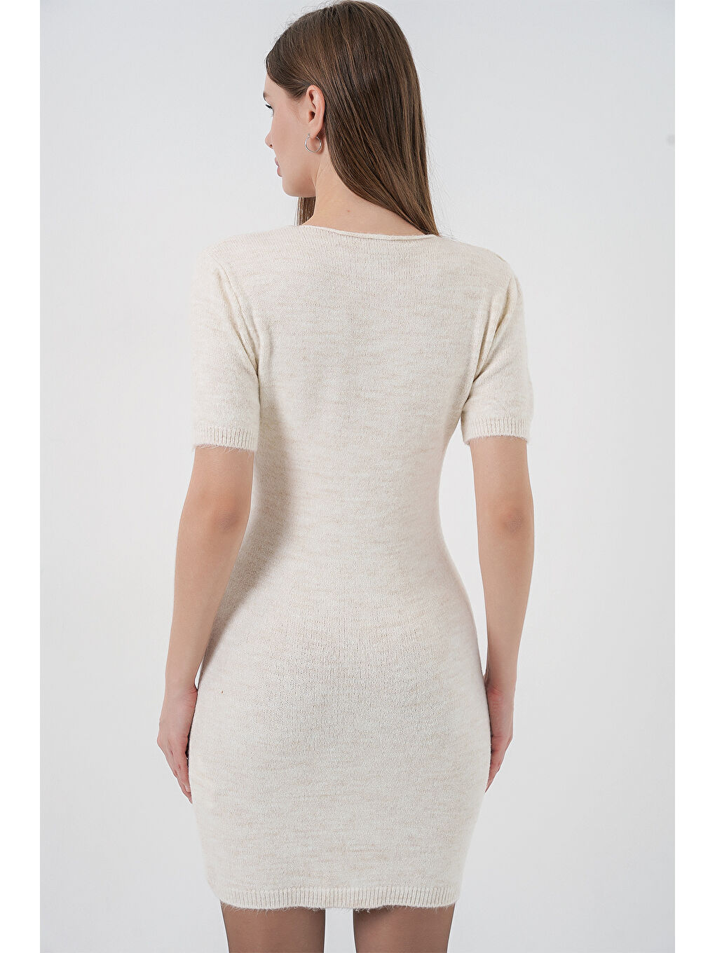 Ekru Kadın Kısa Kol Triko Elbise 15950 - Krem-5