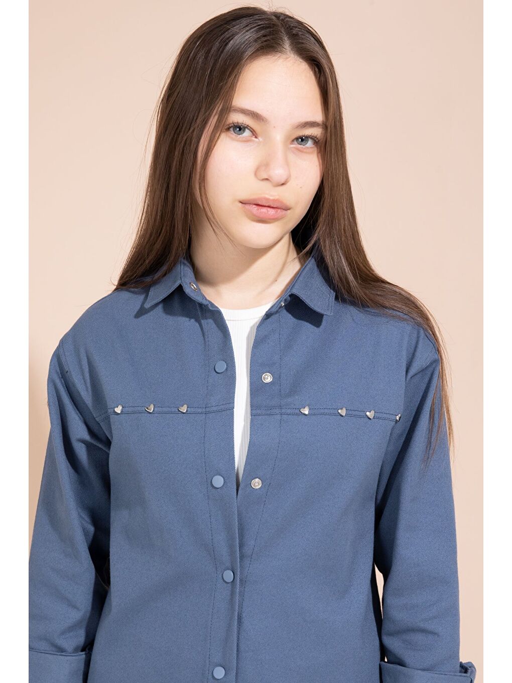 İndigo Kalp İşlemeli Gömlekli Geniş Paça Pantolonlu Kız Çocuk Gabardin Takım 23555-1