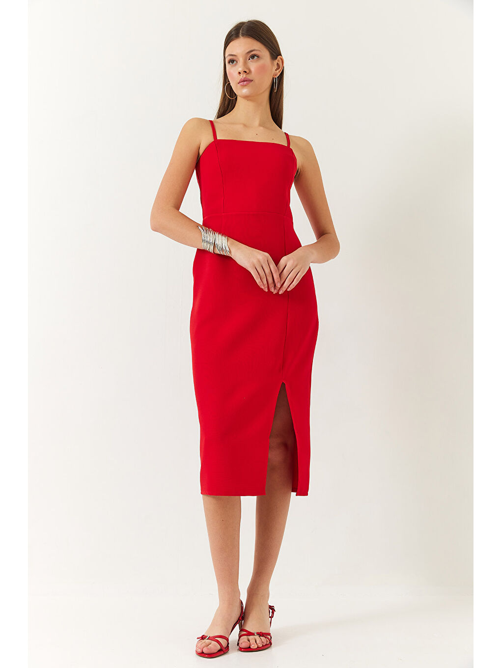 Kırmızı Kadın Yırtmaç Detaylı İp Askılı Elbise-1
