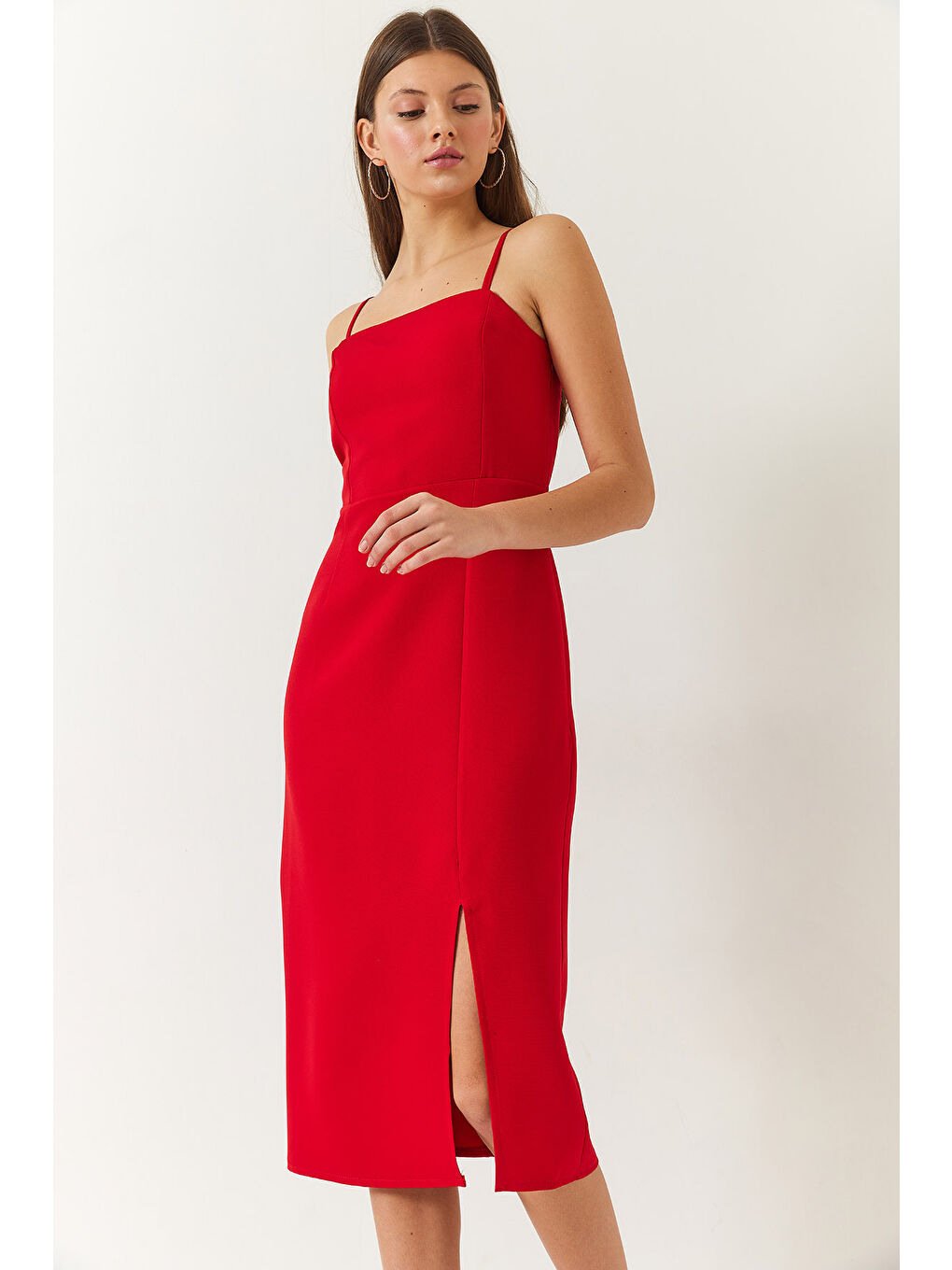 Kırmızı Kadın Yırtmaç Detaylı İp Askılı Elbise-3