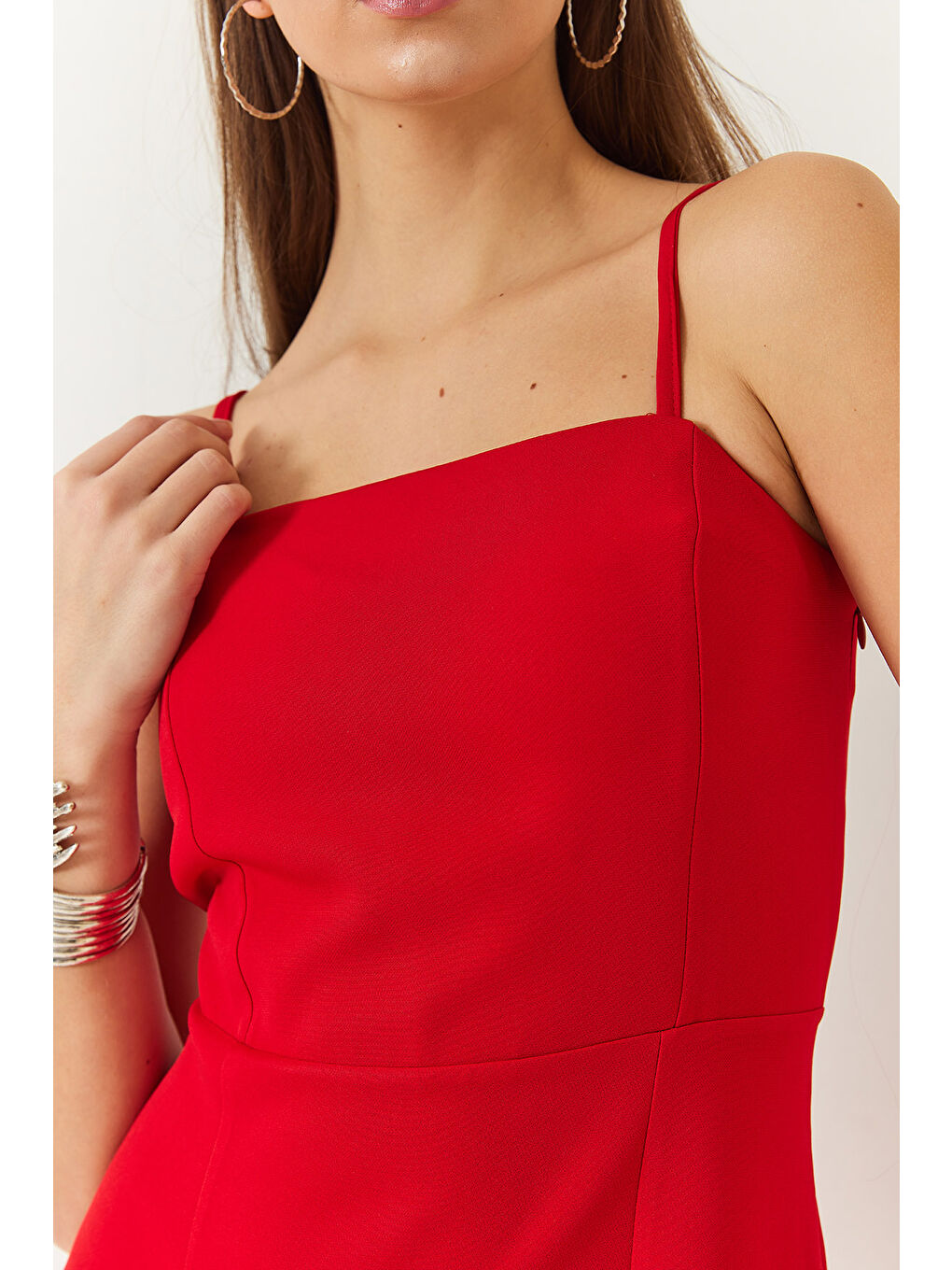 Kırmızı Kadın Yırtmaç Detaylı İp Askılı Elbise-5