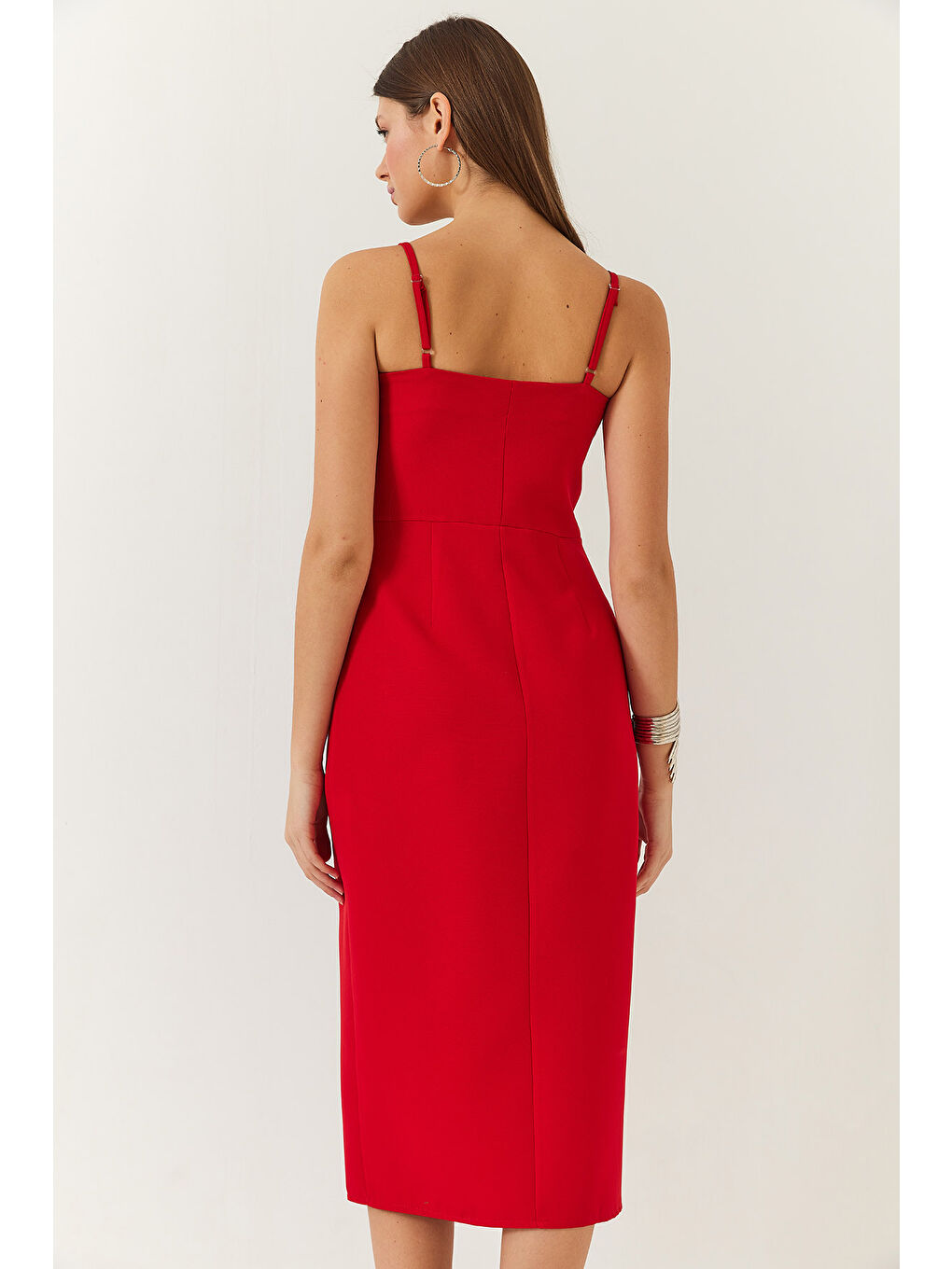 Kırmızı Kadın Yırtmaç Detaylı İp Askılı Elbise-6